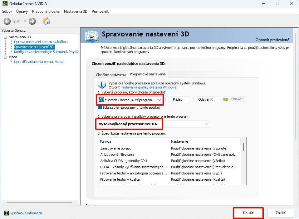 Nastavení grafické karty NVIDIA pro ArCon Nastavení grafické karty NVIDIA pro ArCon
